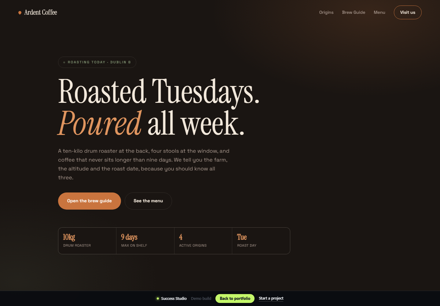 Ardent Coffee cafe and roastery website
