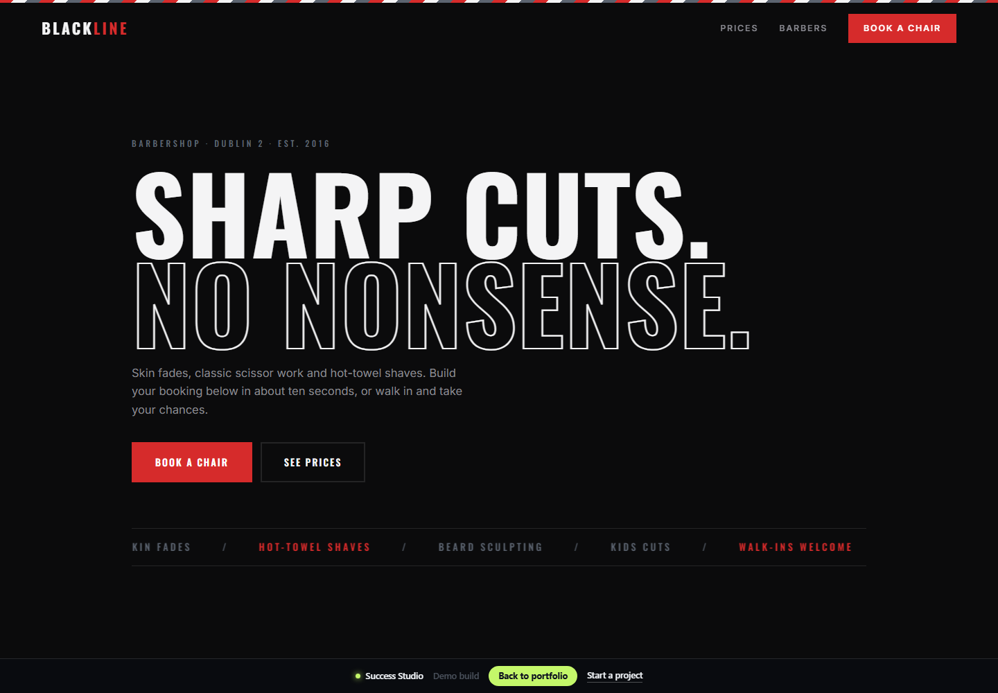 Blackline Barbers website with booking and service information