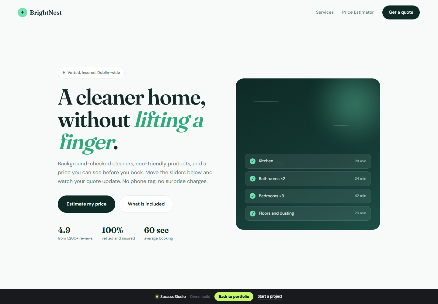 BrightNest Cleaning website with service and quote journey