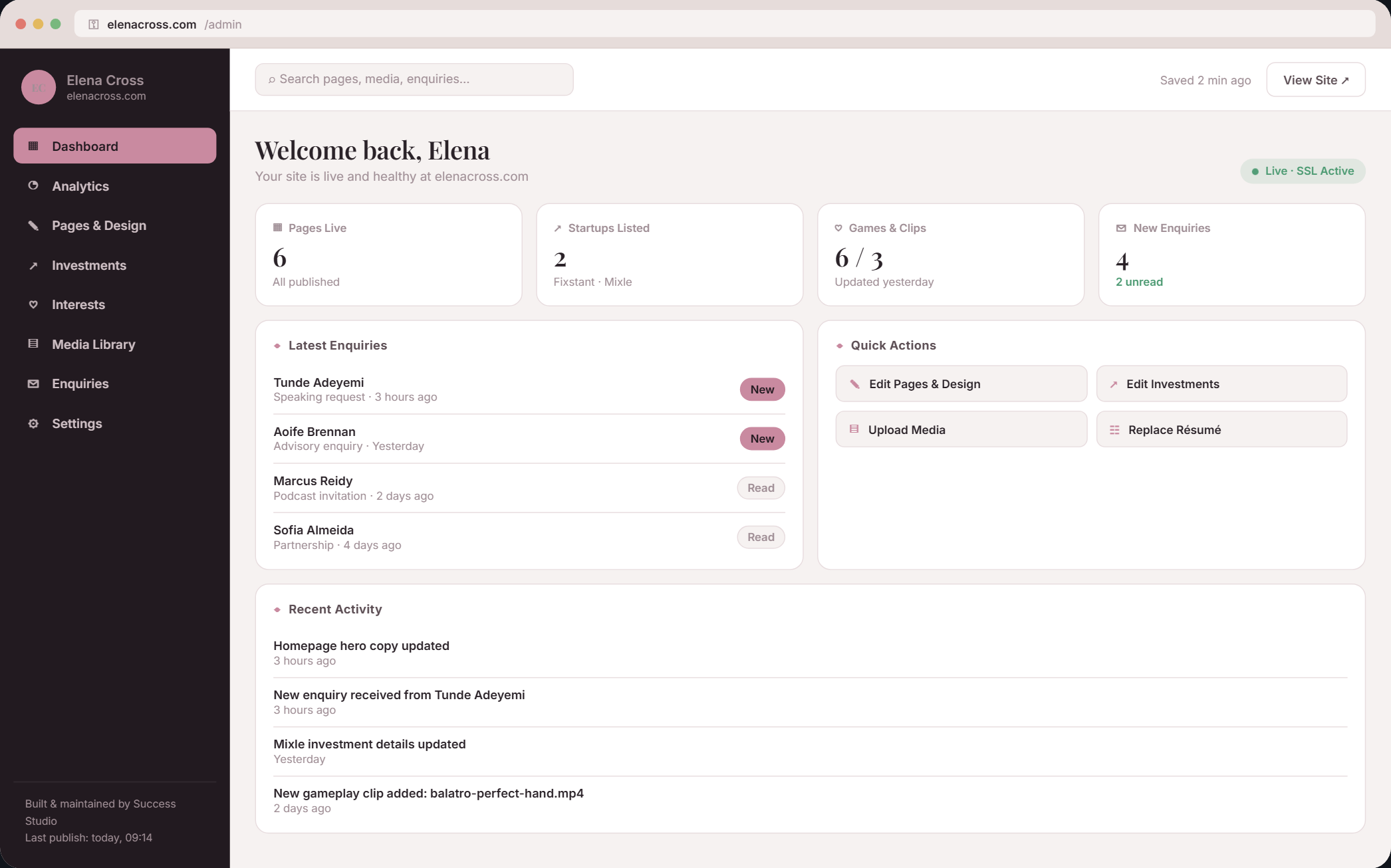 Custom CMS administration dashboard
