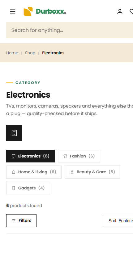 Durboxx electronics category displayed on a mobile screen