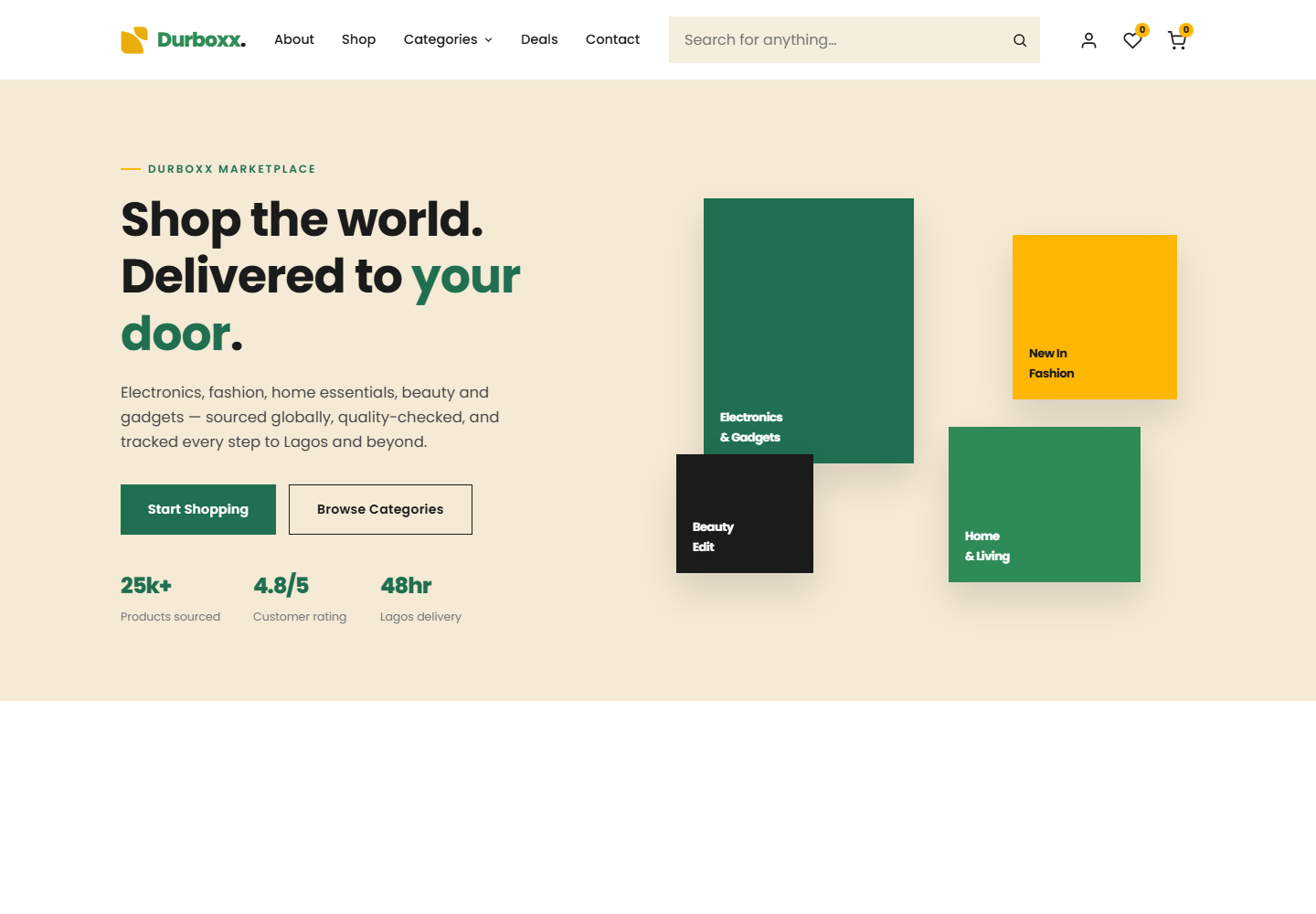 Durboxx marketplace homepage with search, shopping and category navigation