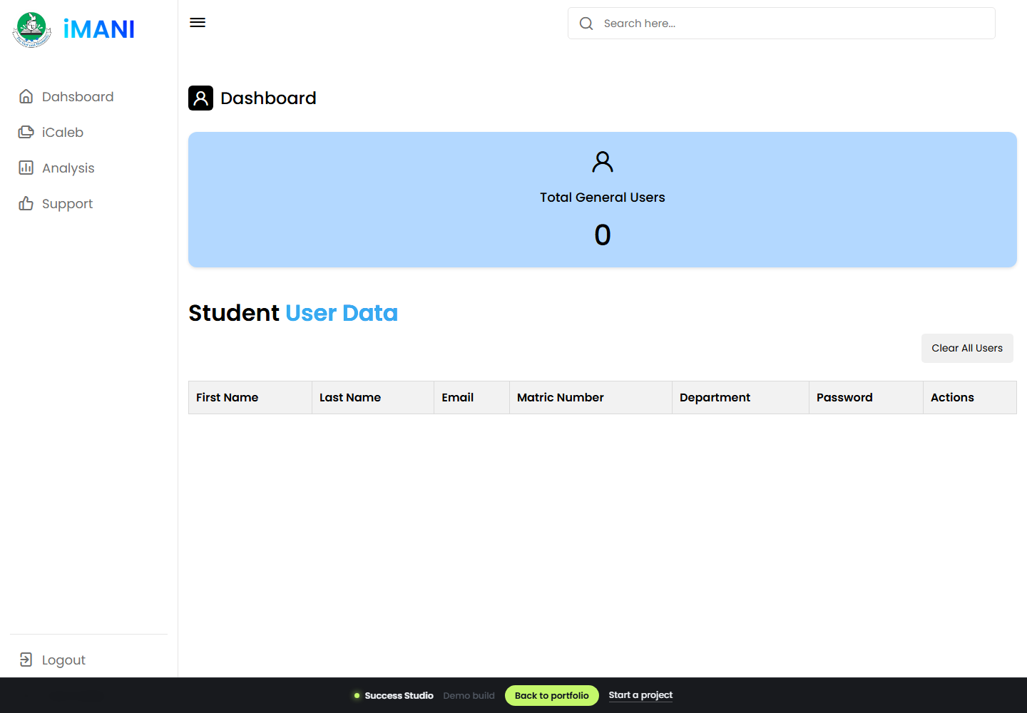 Caleb iMANI administration dashboard