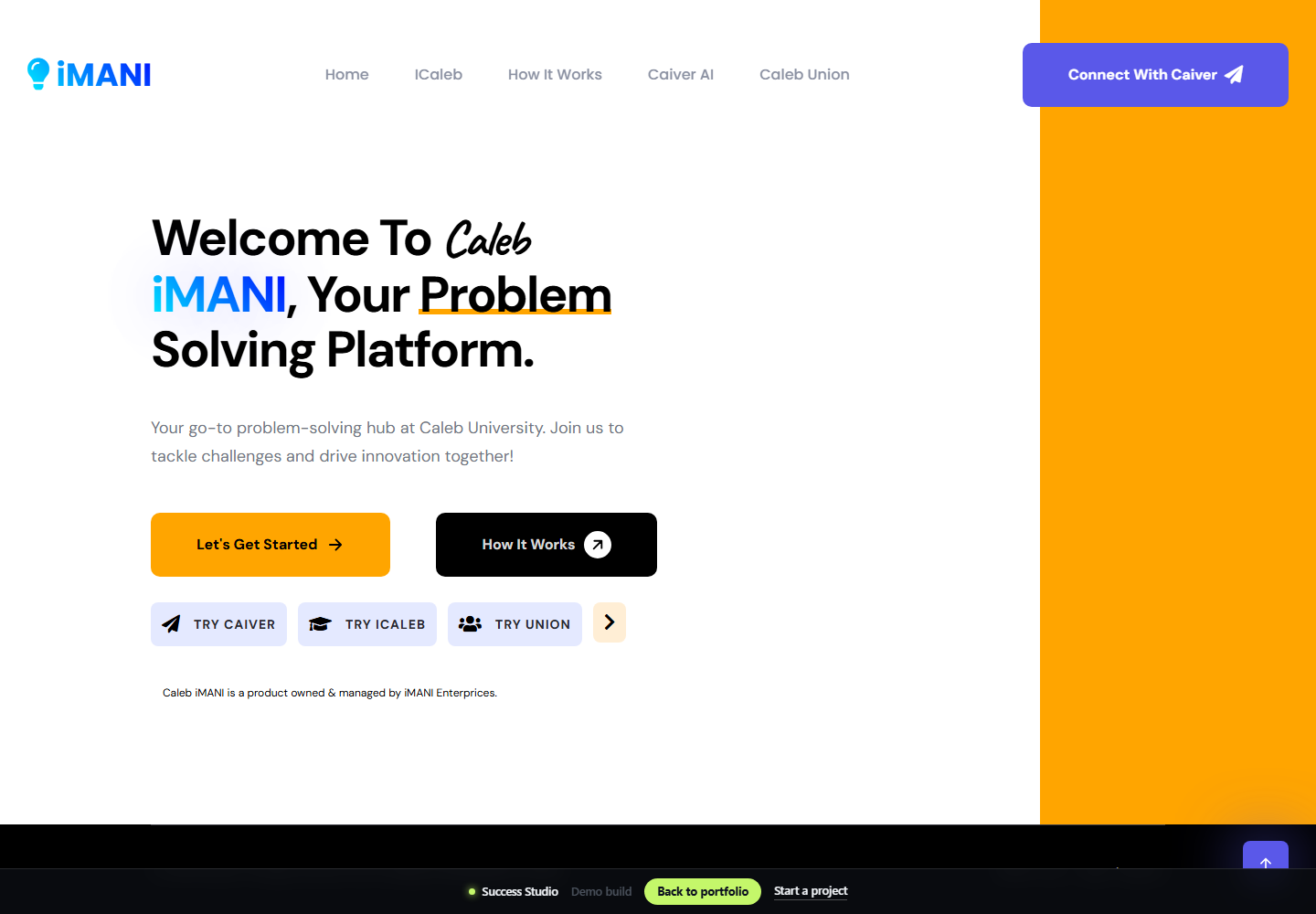 Caleb iMANI university problem solving platform homepage